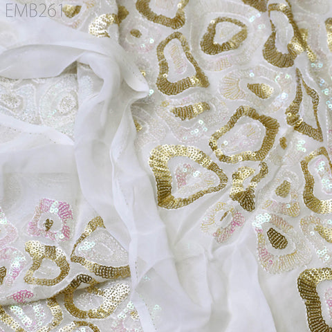 Sequin Embroidery Fabric by the Yard Indian White Georgette Saree Embroidered Crafting Sewing Sequined Wedding Dress Costumes Doll Making