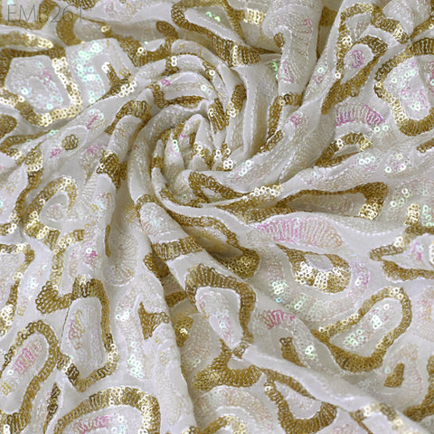 Sequin Embroidery Fabric by the Yard Indian White Georgette Saree Embroidered Crafting Sewing Sequined Wedding Dress Costumes Doll Making
