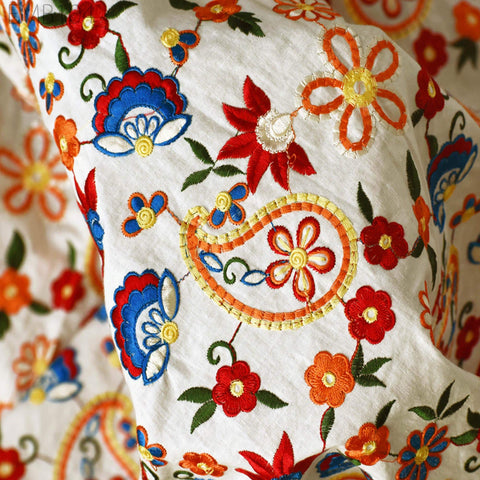 White Embroidered Cotton Fabric by the Yard Indian Embroidery Sewing DIY Crafting Women Summer Dresses Costumes Tote Bag Home Decor Curtains