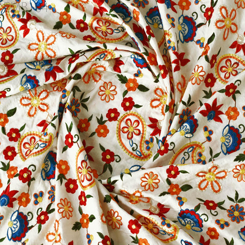 White Embroidered Cotton Fabric by the Yard Indian Embroidery Sewing DIY Crafting Women Summer Dresses Costumes Tote Bag Home Decor Curtains