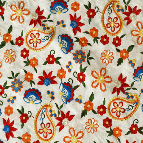 White Embroidered Cotton Fabric by the Yard Indian Embroidery Sewing DIY Crafting Women Summer Dresses Costumes Tote Bag Home Decor Curtains