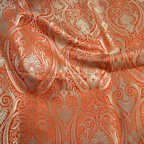 Orange Brocade Fabric by the Yard Banarasi Wedding Dress Brocade Banaras Art Blended Silk Dress Material Home Decor table Runner Curtains