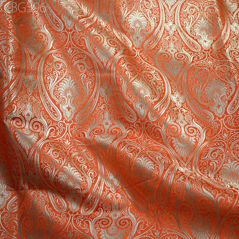 Orange Brocade Fabric by the Yard Banarasi Wedding Dress Brocade Banaras Art Blended Silk Dress Material Home Decor table Runner Curtains