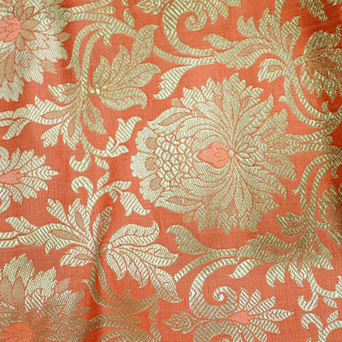 Dark Peach Brocade by the Yard Gold Fabric Banaras Indian Wedding Dress Banarasi Blended Silk For Bridesmaid Lehenga Home decor Brocade