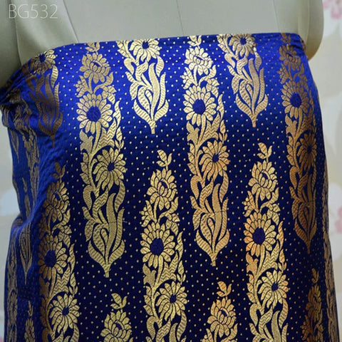 Wedding Dress Fabric Indian Banarasi Navy Blue Brocade costume Fabric by the yard Banaras blended Silk Home Decor Table Runner Cushion Over