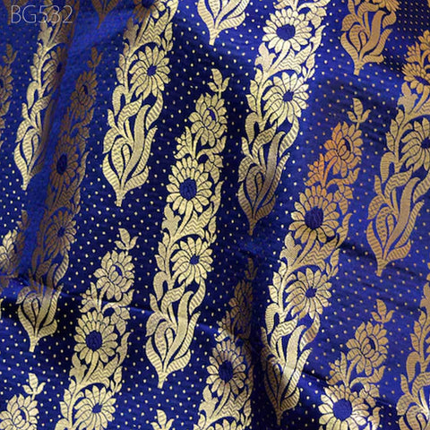 Wedding Dress Fabric Indian Banarasi Navy Blue Brocade costume Fabric by the yard Banaras blended Silk Home Decor Table Runner Cushion Over