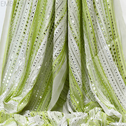 Green Indian Embroidered Fabric by the Yard Georgette Embroidery Sewing Curtain DIY Crafting Summer Women Dress Material Drapery Home Decor