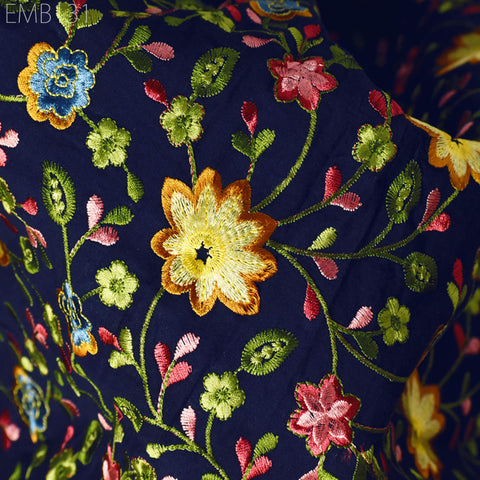 Blue Embroidered Cotton Fabric by the Yard Indian Embroidery Sewing DIY Crafting Women Summer Dresses Costumes Tote Bag Home Decor Curtains