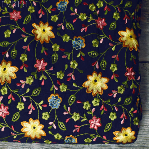 Blue Embroidered Cotton Fabric by the Yard Indian Embroidery Sewing DIY Crafting Women Summer Dresses Costumes Tote Bag Home Decor Curtains