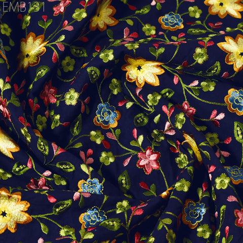 Blue Embroidered Cotton Fabric by the Yard Indian Embroidery Sewing DIY Crafting Women Summer Dresses Costumes Tote Bag Home Decor Curtains