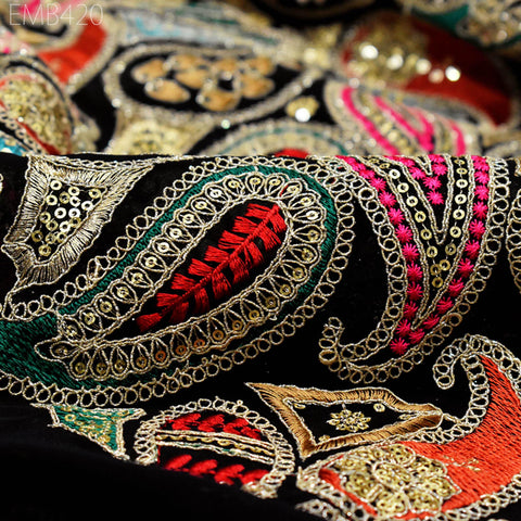 Indian Embroidered Fabric by the Yard Georgette Black Embroidery Sewing Curtain DIY Crafting Summer Women Dress Material Drapery Home Decor