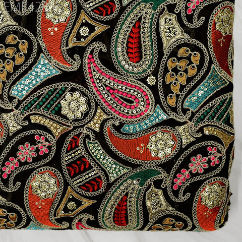 Indian Embroidered Fabric by the Yard Georgette Black Embroidery Sewing Curtain DIY Crafting Summer Women Dress Material Drapery Home Decor