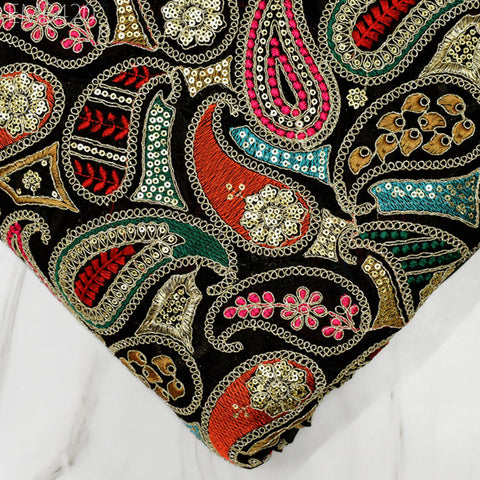 Indian Embroidered Fabric by the Yard Georgette Black Embroidery Sewing Curtain DIY Crafting Summer Women Dress Material Drapery Home Decor