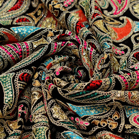 Indian Embroidered Fabric by the Yard Georgette Black Embroidery Sewing Curtain DIY Crafting Summer Women Dress Material Drapery Home Decor