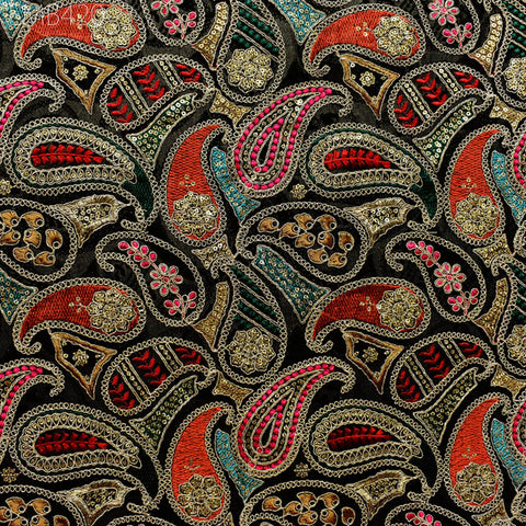 Indian Embroidered Fabric by the Yard Georgette Black Embroidery Sewing Curtain DIY Crafting Summer Women Dress Material Drapery Home Decor