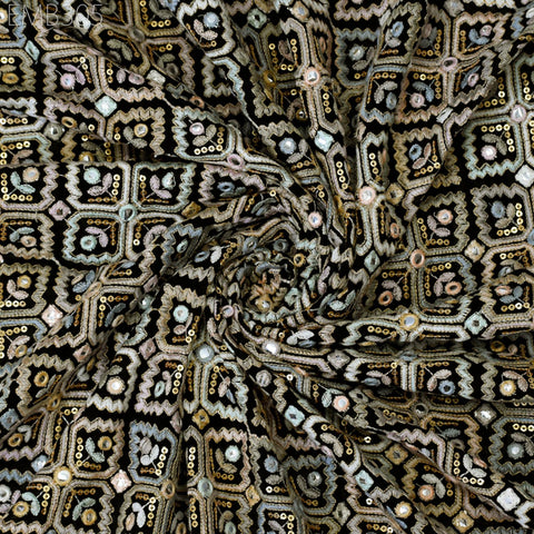 Black Embroidered Georgette Fabric by Yard Indian Embroidery Sewing Curtain DIY Crafting Summer Women Dress Material Drapery Home Decor