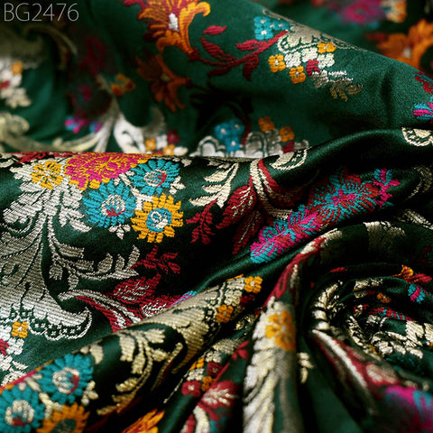 Green Brocade Fabric by the Yard Historic Costume Indian Banarasi Wedding Dress Material Banaras Knee Length Coat Sewing Upholstery Drapery
