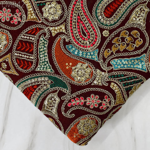 Indian Embroidered Fabric by the Yard Georgette Maroon Embroidery Sewing Curtain DIY Crafting Summer Women Dress Material Drapery Home Decor