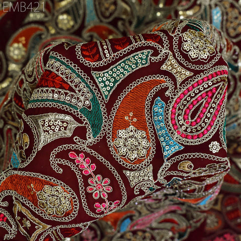 Indian Embroidered Fabric by the Yard Georgette Maroon Embroidery Sewing Curtain DIY Crafting Summer Women Dress Material Drapery Home Decor