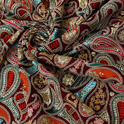 Indian Embroidered Fabric by the Yard Georgette Maroon Embroidery Sewing Curtain DIY Crafting Summer Women Dress Material Drapery Home Decor