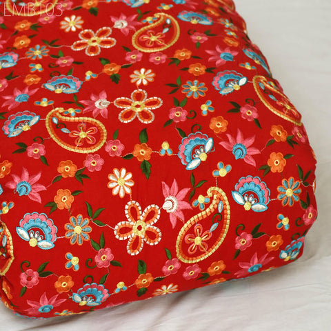 Red Embroidered Cotton Fabric by the Yard Indian Embroidery Sewing DIY Crafting Women Summer Dresses Costumes Tote Bag Home Decor Curtains