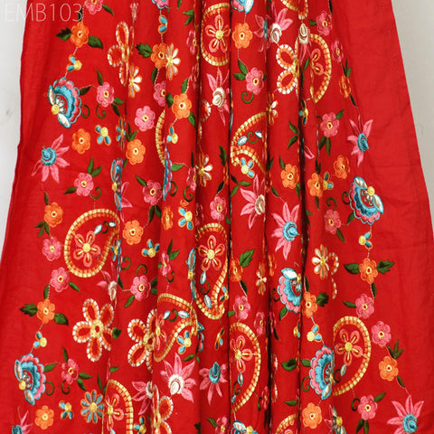 Red Embroidered Cotton Fabric by the Yard Indian Embroidery Sewing DIY Crafting Women Summer Dresses Costumes Tote Bag Home Decor Curtains