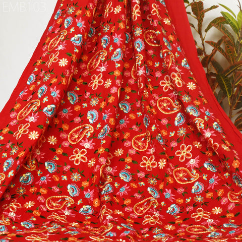 Red Embroidered Cotton Fabric by the Yard Indian Embroidery Sewing DIY Crafting Women Summer Dresses Costumes Tote Bag Home Decor Curtains