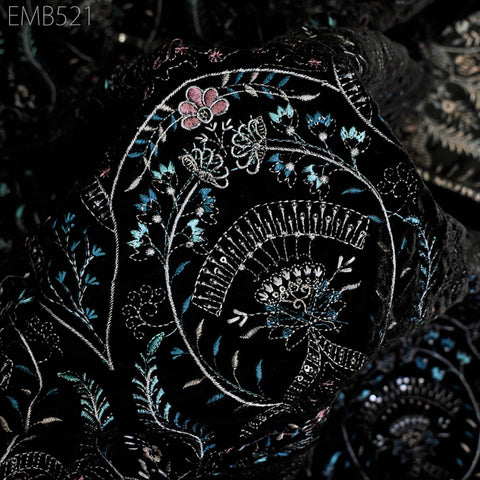 Black Indian Embroidered Velvet Fabric by the yard Sewing DIY Crafting Wedding Dress Costumes Bags Cushion Covers Table Runner Quilting