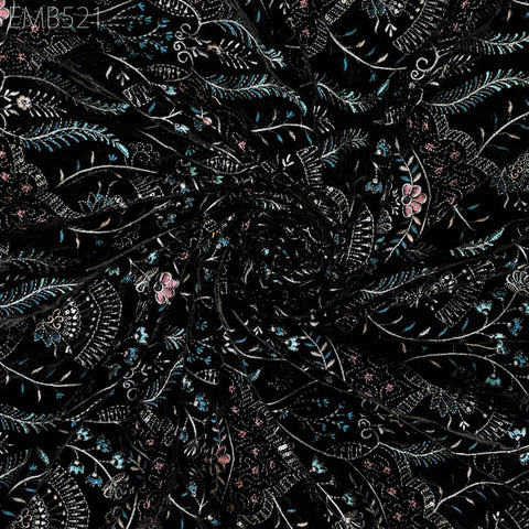 Black Indian Embroidered Velvet Fabric by the yard Sewing DIY Crafting Wedding Dress Costumes Bags Cushion Covers Table Runner Quilting