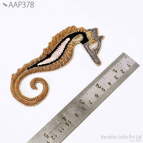 8 Pc Seahorse Appliques, Dresses Patches, Indian Decorative Gold Zardozi Applique, Christmas Home Decor Handmade Patch, Sewing Craft Supply