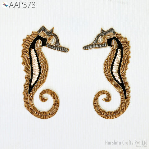 8 Pc Seahorse Appliques, Dresses Patches, Indian Decorative Gold Zardozi Applique, Christmas Home Decor Handmade Patch, Sewing Craft Supply