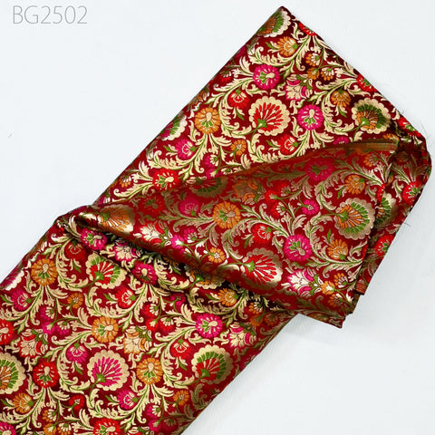 Maroon Indian Brocade Silk Fabric by the Yard Wedding Dresses Jacket Banarasi Costume Material Sewing Crafting Curtain Upholstery Furnishing