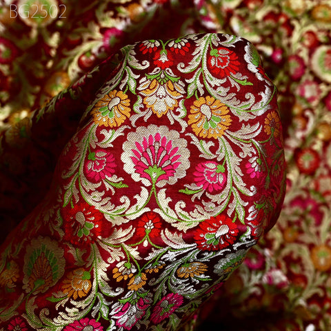 Maroon Indian Brocade Silk Fabric by the Yard Wedding Dresses Jacket Banarasi Costume Material Sewing Crafting Curtain Upholstery Furnishing