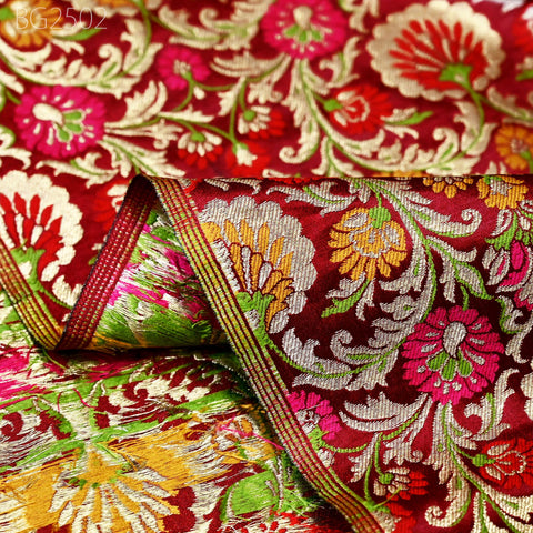 Maroon Indian Brocade Silk Fabric by the Yard Wedding Dresses Jacket Banarasi Costume Material Sewing Crafting Curtain Upholstery Furnishing