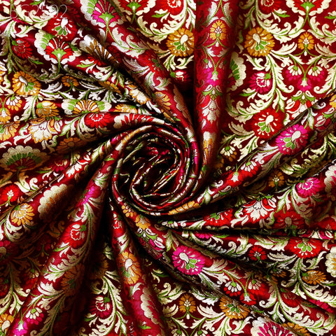 Maroon Indian Brocade Silk Fabric by the Yard Wedding Dresses Jacket Banarasi Costume Material Sewing Crafting Curtain Upholstery Furnishing