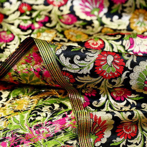 Black Indian Brocade Fabric by Yard Historic Costume Banarasi Wedding Dresses Sewing Material Banaras Knee Length Coat Duvet Covers Valances