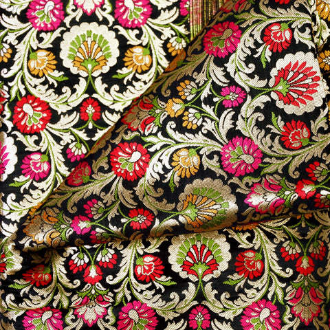 Black Indian Brocade Fabric by Yard Historic Costume Banarasi Wedding Dresses Sewing Material Banaras Knee Length Coat Duvet Covers Valances