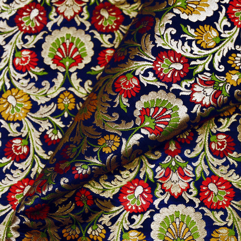Blue Indian Brocade Fabric by Yard Historic Costume Banarasi Wedding Dresses Sewing Material Banaras Knee Length Coat Duvet Covers Valances