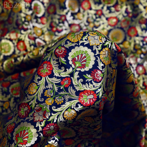 Blue Indian Brocade Fabric by Yard Historic Costume Banarasi Wedding Dresses Sewing Material Banaras Knee Length Coat Duvet Covers Valances
