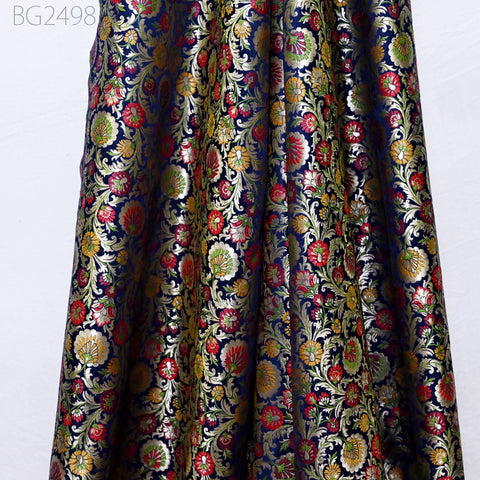 Blue Indian Brocade Fabric by Yard Historic Costume Banarasi Wedding Dresses Sewing Material Banaras Knee Length Coat Duvet Covers Valances