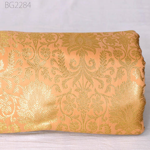 Peach Indian Brocade Fabric Yardage Banarasi Blended Silk Bridal Wedding Dresses Lengha DIY Crafting Sewing Drapery Upholstery Costumes