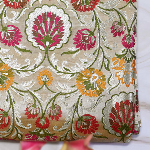 Indian Beige Brocade Fabric by the Yard Banarasi Dress Material Costumes Banaras Wedding Dresses Crafting Sewing Cushions Upholstery Drapery