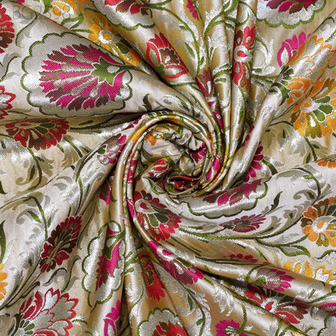 Indian Beige Brocade Fabric by the Yard Banarasi Dress Material Costumes Banaras Wedding Dresses Crafting Sewing Cushions Upholstery Drapery
