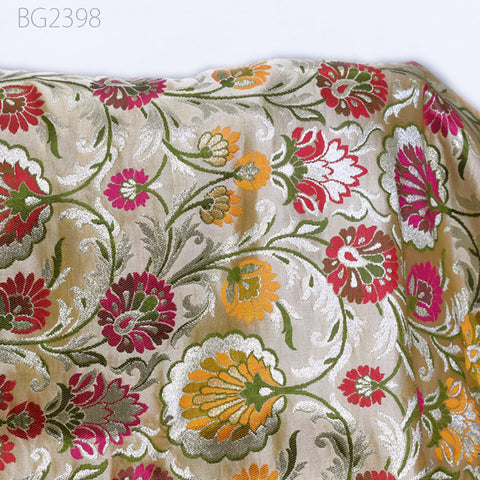 Indian Beige Brocade Fabric by the Yard Banarasi Dress Material Costumes Banaras Wedding Dresses Crafting Sewing Cushions Upholstery Drapery