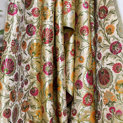 Indian Beige Brocade Fabric by the Yard Banarasi Dress Material Costumes Banaras Wedding Dresses Crafting Sewing Cushions Upholstery Drapery