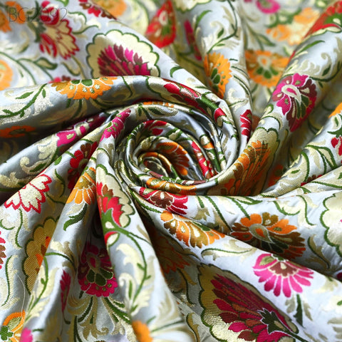 Grey Indian Brocade Fabric by the Yard Banarasi Dress Material Costume Banaras Wedding Dresses Crafting Sewing Cushions Upholstery Drapery