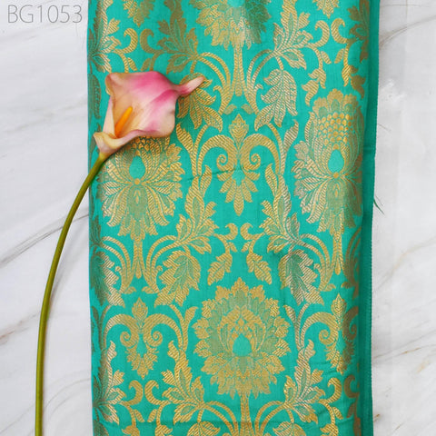 Silk Brocade Lengha Banarasi Silk Brocade Fabric by the Yard Banaras Brocade Silk Sea Green Gold for Wedding Dress Home Decor Indian Fabric