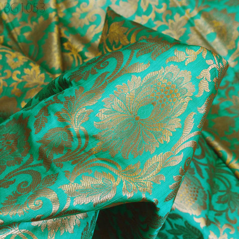 Silk Brocade Lengha Banarasi Silk Brocade Fabric by the Yard Banaras Brocade Silk Sea Green Gold for Wedding Dress Home Decor Indian Fabric