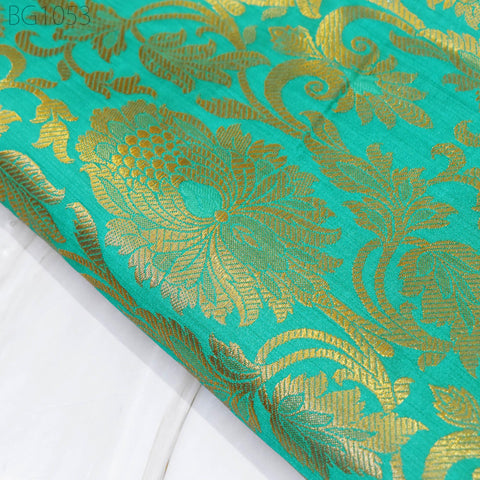 Silk Brocade Lengha Banarasi Silk Brocade Fabric by the Yard Banaras Brocade Silk Sea Green Gold for Wedding Dress Home Decor Indian Fabric