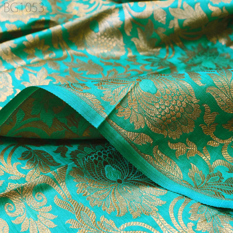 Silk Brocade Lengha Banarasi Silk Brocade Fabric by the Yard Banaras Brocade Silk Sea Green Gold for Wedding Dress Home Decor Indian Fabric